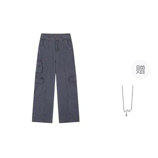 识恩 美式复古水洗多口袋工装男女街头做旧直筒阔腿牛仔裤 女款