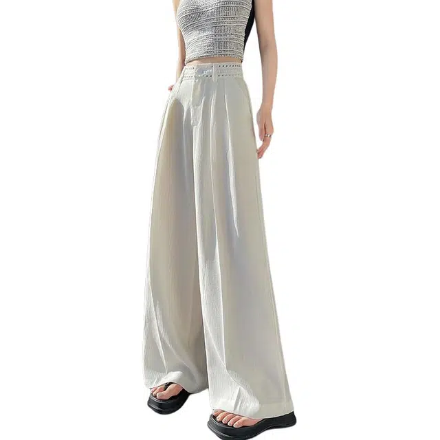 纤丝鸟 韩版时尚镂空拼接阔腿裤肌理感纹路窄版休闲裤 女款