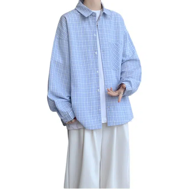 颂希尔 慵懒条纹格子防晒潮牌痞帅宽松百搭休闲长袖衬衫 男女同款