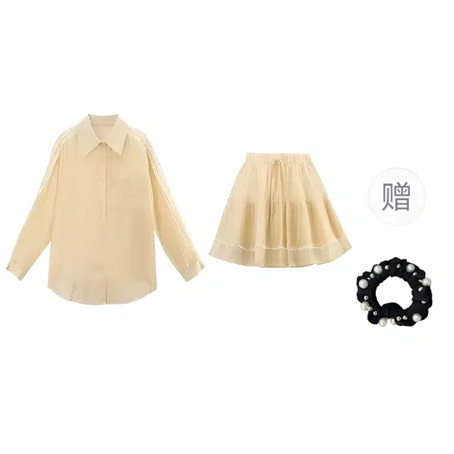 雾闪闪 休闲翻领长袖衬衫宽松短裙两件套通勤裙装套装 女款