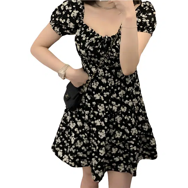 哒头下雨不愁 法式复古小碎花裙短袖连衣裙 女款