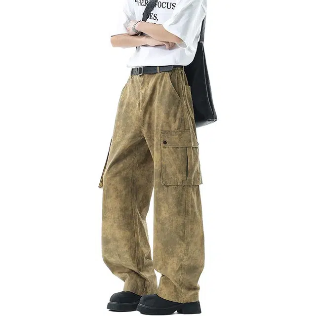 协协乐 美式高街废土风扎染迷彩潮牌春秋季纯棉百搭宽松直筒阔腿拖地裤运动长裤休闲裤 男款