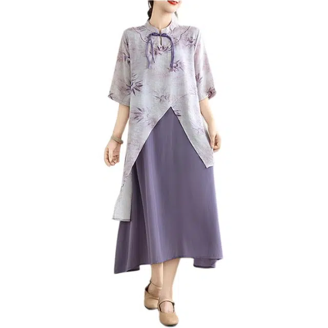 丝絮丝绸 新中式双层不规则气质显瘦短袖连衣裙 女款