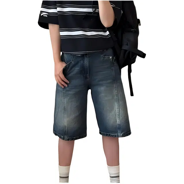 木木兔 美式复古水洗做旧潮牌宽松直筒休闲百搭小众时尚五分牛仔短裤 男款