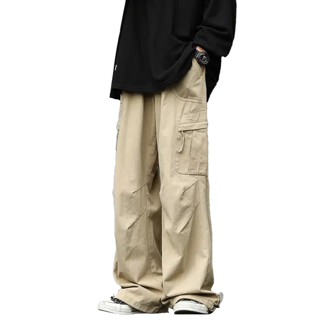 港仔文艺男 美式高街纯色复古多口袋阔腿休闲裤 男女同款