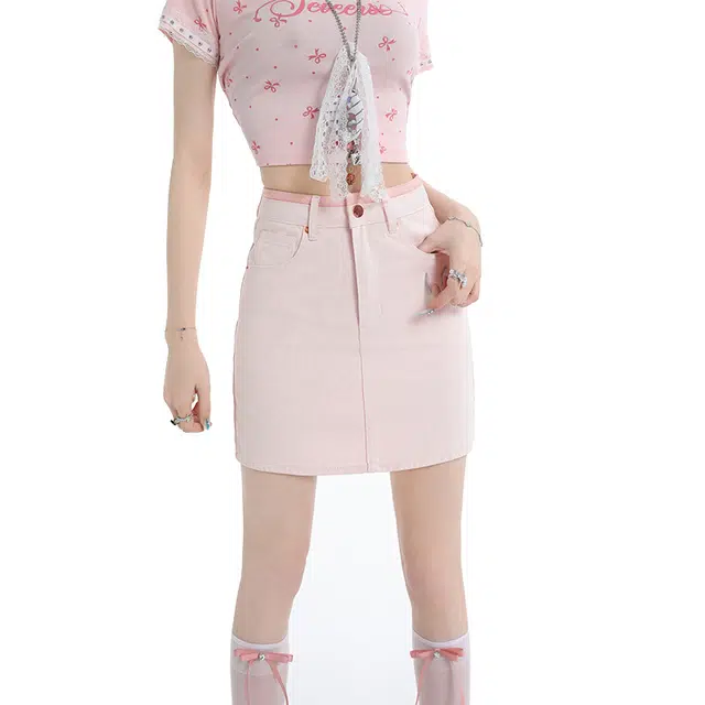 玫丝朵 高腰防走光拼接包臀简约牛仔短裙 女款