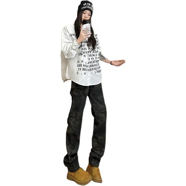 沃马 美式高街拼接水洗做旧废土风高级感迷彩工装裤牛仔裤 男女同款