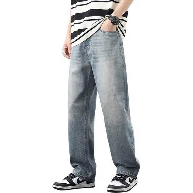 么宁 美式复古水洗潮流时尚宽松直筒舒适百搭透气休闲阔腿牛仔裤 男女同款