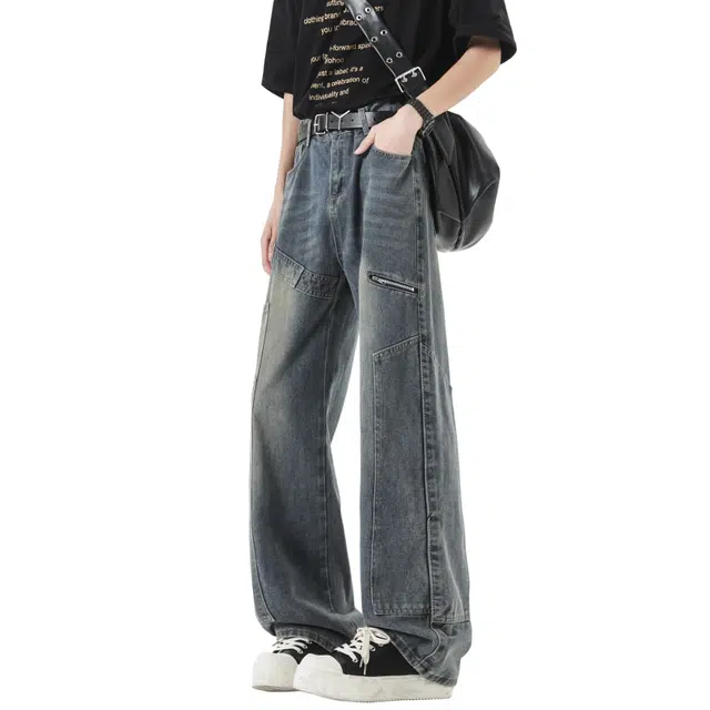 顶峰保罗 美式潮流时尚百搭高街休闲复古宽松透气垂感阔腿显高显瘦弹力水洗做旧潮牌牛仔裤 男女同款