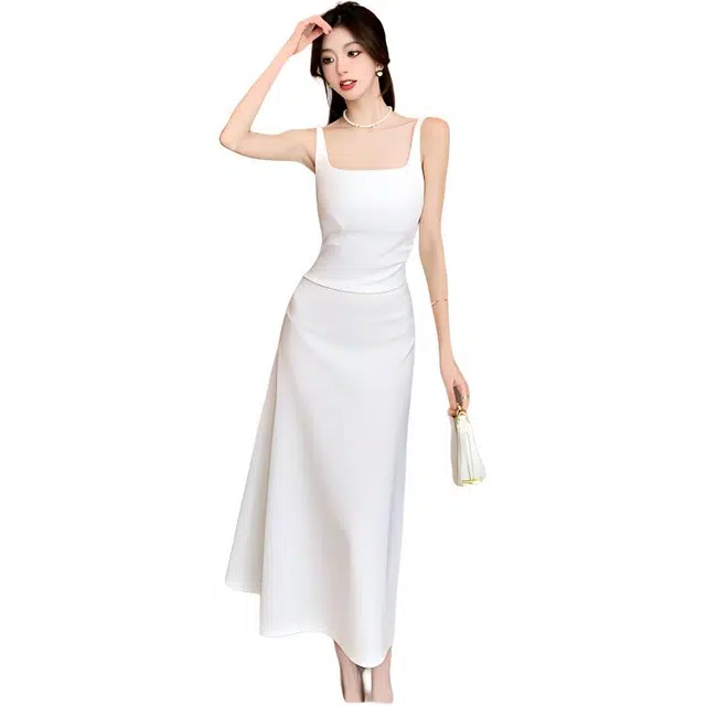 小菊川栗 纯色方领简约长款吊带连衣裙 女款 白色