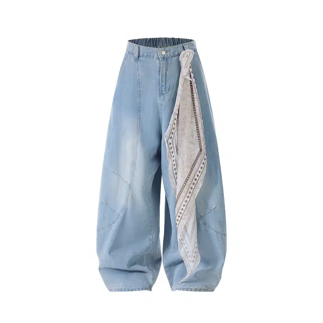 欧路得 美式复古方巾解构弯刀女男夏季街头宽松廓形爵士舞香蕉裤子牛仔裤 男款