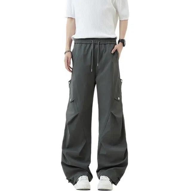 颂希尔 美式复古高街痞帅褶皱工装裤子时尚潮牌宽松百搭休闲裤 男女同款