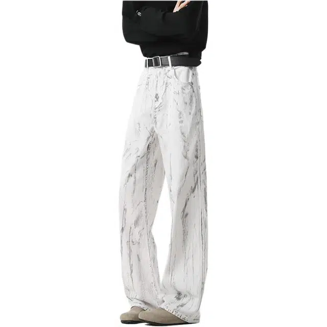 沃马 美式街头复古脏脏裤宽松弯刀水洗做旧学院风流行时尚百搭牛仔裤 男女同款