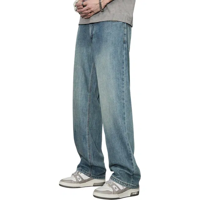 隐狼世家 蓝色宽松直筒中腰长裤牛仔裤 男款