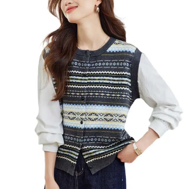 曲韩 曲韩 假两件上衣女时尚洋气开衫毛衣女针织衫 女款 复古色