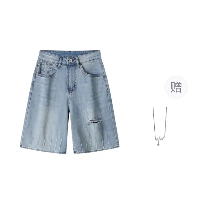 识恩 时尚百搭破洞磨毛高腰显瘦宽松五分裤子牛仔短裤 女款