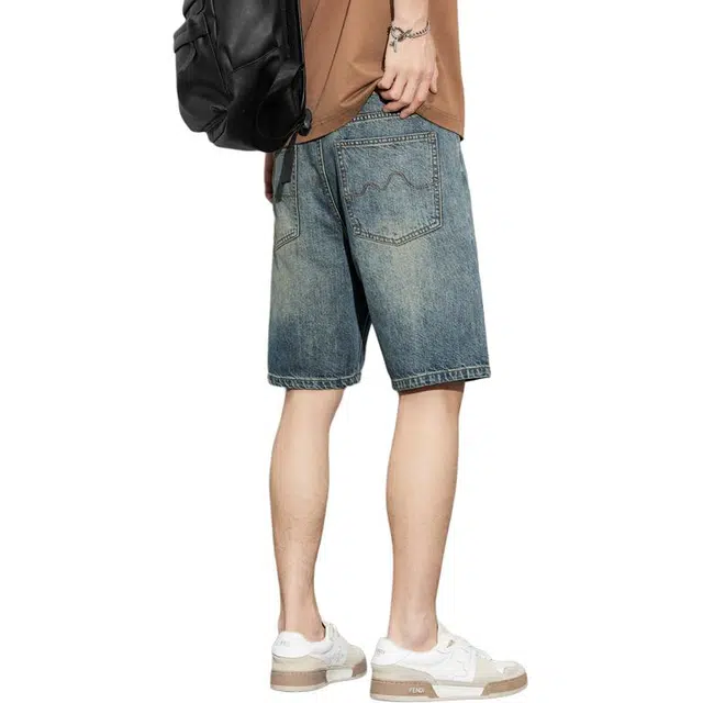 顶峰保罗 复古水洗薄款宽松休闲直筒五分裤凉感美式潮牌高街休闲百搭小众痞帅阔腿牛仔短裤 男女同款