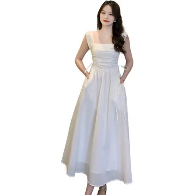 沐晓欣 法式名媛高腰方领拼接针织长款无袖连衣裙 女款