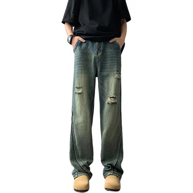 极限涡轮 宽松直筒百搭做旧牛仔裤 男女同款 蓝色