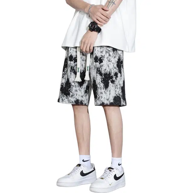 瑞梵帝斯 美式复古花纹人物仿刺绣花卉设计山系户外宽松直筒百搭简约舒适速干透气阔腿五分裤休闲短裤 男款