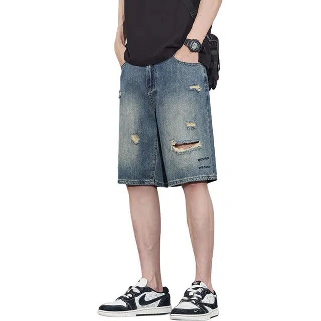 协协乐 美式复古潮牌破洞薄款凉感痞帅高街运动五分中裤牛仔短裤 男款