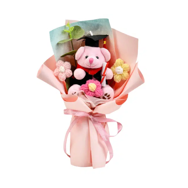 礼莎 毛线花束成品手工编织花 向日葵针织玫瑰花博士熊毕业娃娃 玩偶周边