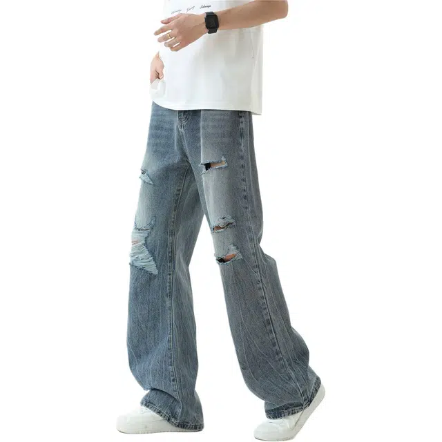 宝米卡 水洗五角星怀旧破洞垂感长直筒裤潮款美式高街百搭牛仔裤 男女同款