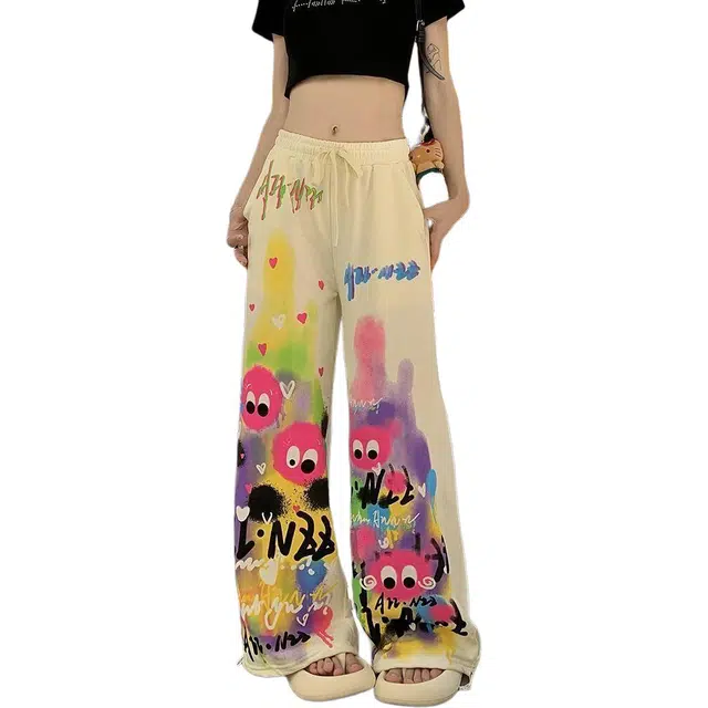 哒头下雨不愁 夏季多巴胺穿搭休闲印花阔腿裤女宽松显瘦街头潮流裤长裤 女款