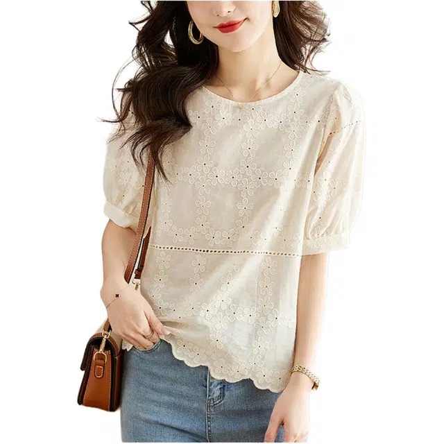 沐晓欣 雪纺衫短袖夏洋气小衫百搭气质宽松上衣衬衫 女款