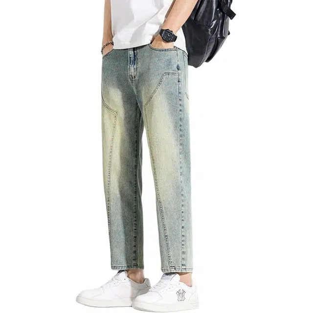 童先森 潮牌宽松直筒高街美式潮流帅气薄款九分裤子百搭牛仔裤 男款