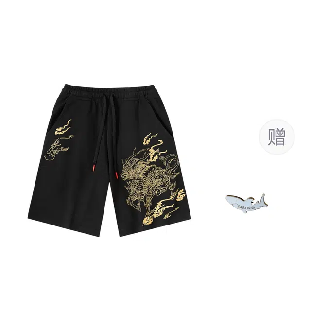 大白鲨 麒麟男薄款纯棉男士潮牌五分休闲短裤 男款 黑色