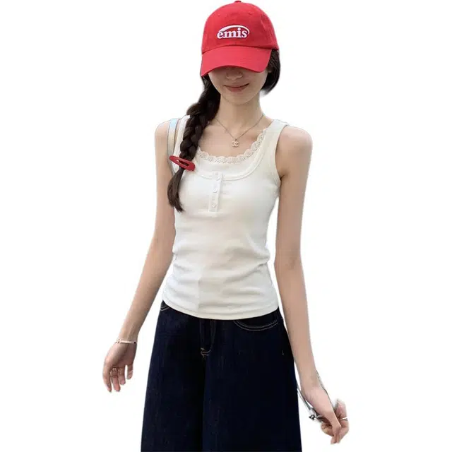 思蓓儿 韩版方领蕾丝边纽扣假两件设计工字型背心 女款