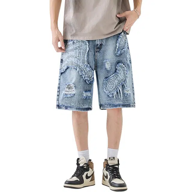 法文箱子 美式高街显瘦小众设计磨烂时尚洋气直筒五分裤牛仔短裤 男款