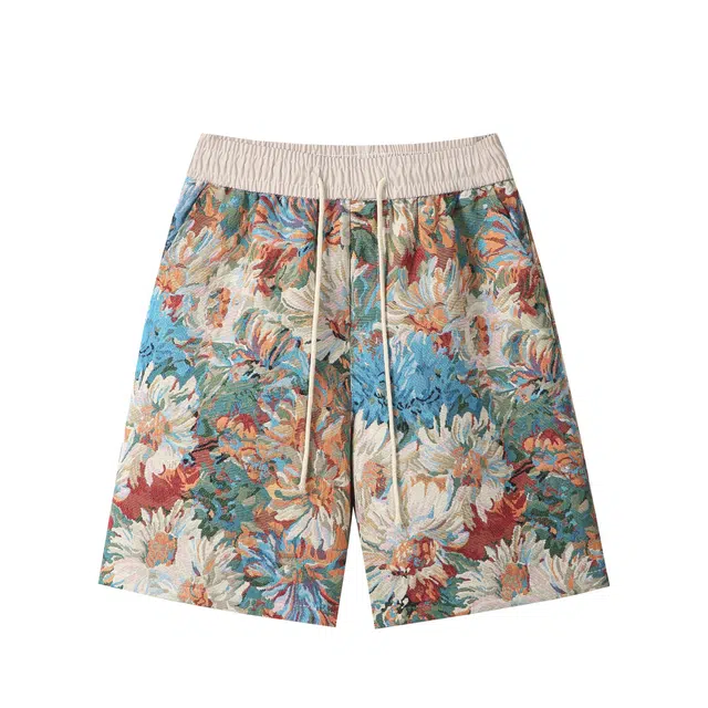 明尼凯 美式潮牌彩绘满印扎染雏菊花卉印花设计夏威夷沙滩度假风松紧系带宽松直筒阔腿百搭潮流舒适清凉透气五分情侣休闲短裤 男女同款