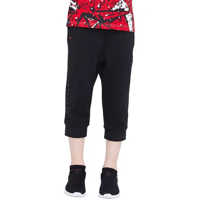 李宁儿童 童装 纯色中腰束脚七分针织运动裤 男童 黑色