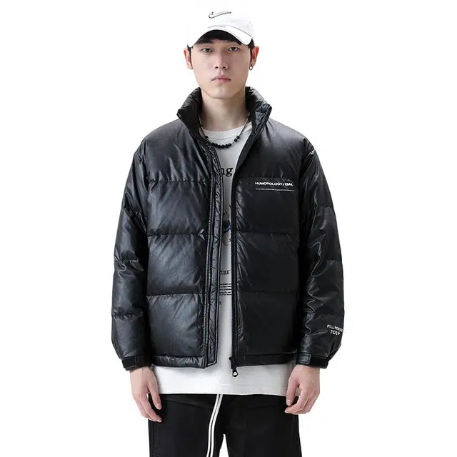 鸭鸭 休闲字母印花立领韩版宽松羽绒服 男款