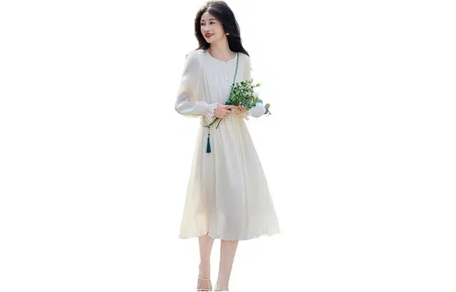 【dme】 纯色收腰薄款圆领休闲长袖连衣裙 女款 米白