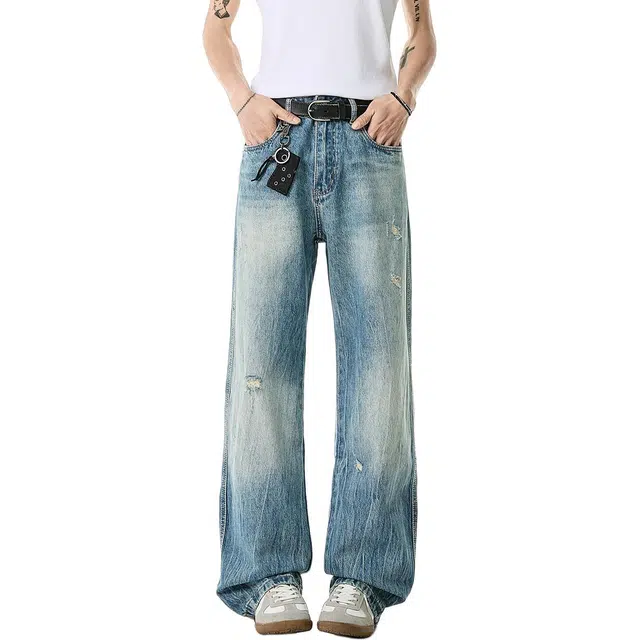 米素力 水洗复古高街宽松中腰长裤牛仔裤 男款