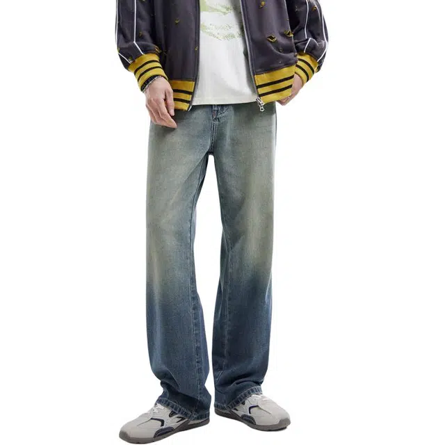 童先森 美式高街复古做旧宽松直筒微喇牛仔裤 男款