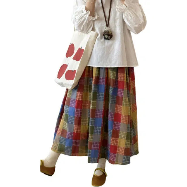 哒头下雨不愁 春日明媚多巴胺彩虹色棉布半身裙中长格子伞裙日系文艺甜美小个子休闲长裙 女款