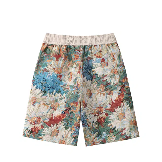 明尼凯 美式潮牌彩绘满印扎染雏菊花卉印花设计夏威夷沙滩度假风松紧系带宽松直筒阔腿百搭潮流舒适清凉透气五分情侣休闲短裤 男女同款