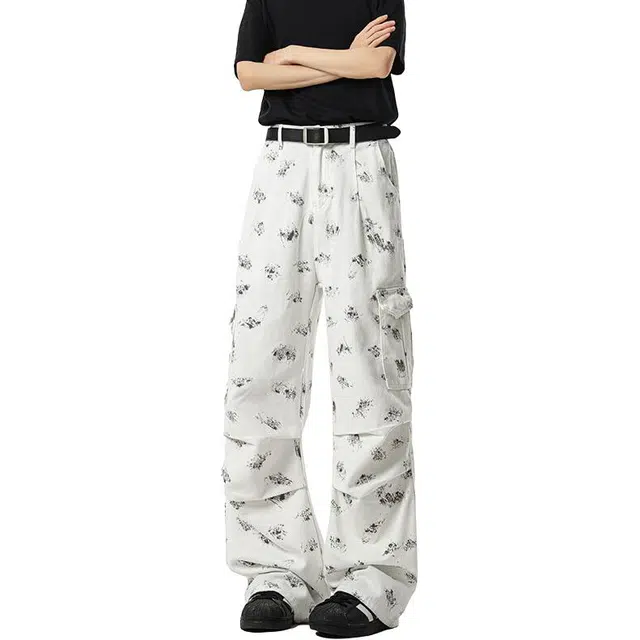 沃马 美式高街宽松直筒印花工装弯刀水洗做旧学院风流行牛仔裤 男女同款