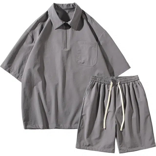 零氏 复古美式薄款冰丝微弹透气基础款纯色宽松落肩翻领套头短袖衬衣休闲衬衫套装 男女同款