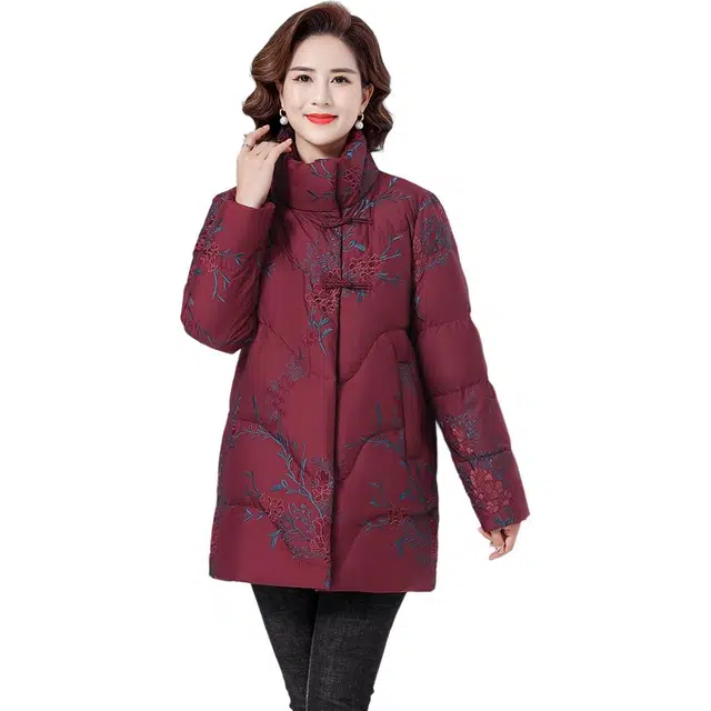 鸭鸭 植物花灰立领长袖羽绒服 女款