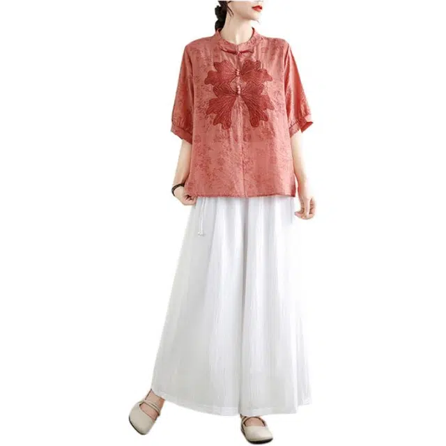 丝絮丝绸 新中式国风立领短袖衬衫阔腿裤裙休闲套装 女款