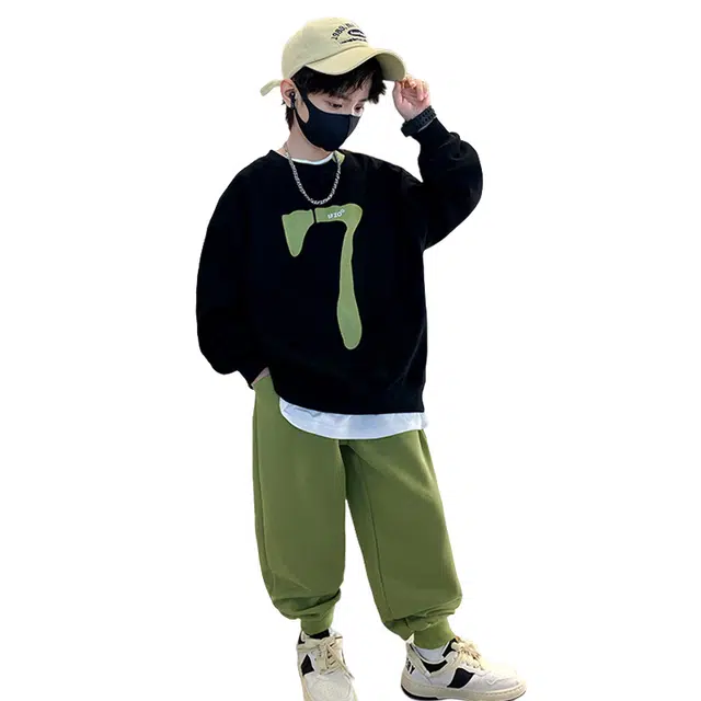 浪莎 数字印花圆领套头长袖上衣松紧腰束脚长裤休闲运动套装 儿童款