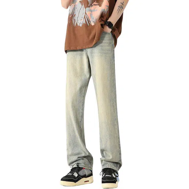 童先森 美式水洗做旧潮牌高街宽松微喇直筒长裤牛仔裤 男款
