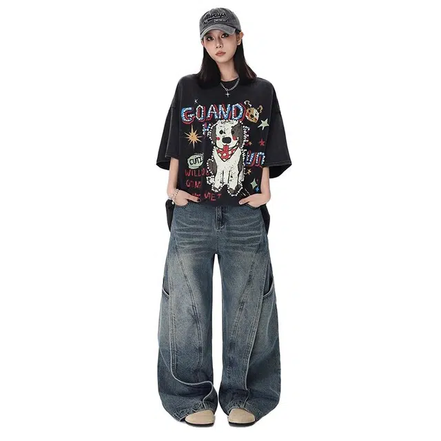 宝米卡 美式复古水洗做旧潮牌宽松直筒阔腿长裤牛仔裤 男女同款