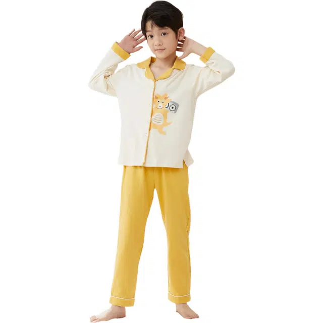 青少年款 红豆 萌趣卡通图案翻领长袖长裤睡衣套装