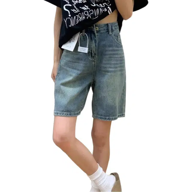 么宁 复古阔腿水洗五分薄款高腰宽松牛仔短裤 女款